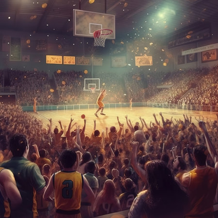 Basketball players in action in a basketball court. Mixed media.の素材