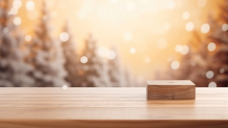 Wooden cube on wooden table over winter forest and bokeh backgroundの素材
