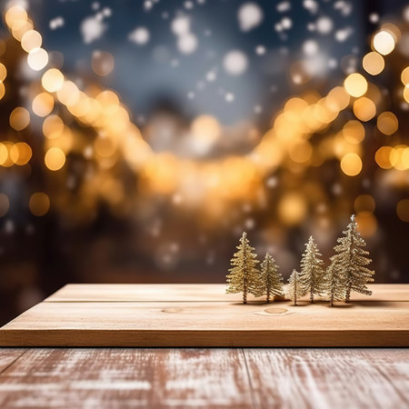 Wooden table with christmas tree on bokeh background.の素材