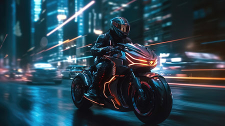Cyclist riding a motorcycle on the road in the city at nightの素材