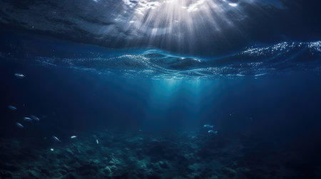 Underwater view of the sun rays breaking through the water surface.の素材