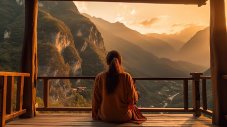 Young woman sitting on terrace and looking at the sunset in the mountainsの素材