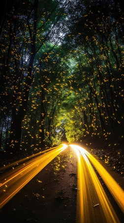 The road in the forest at night with light trails and falling leavesの素材
