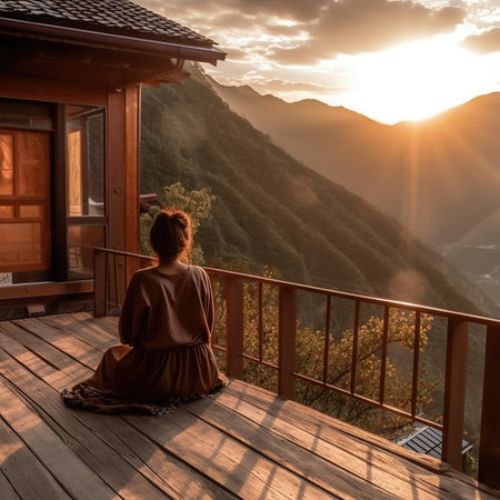 Beautiful woman sitting on terrace with mountain view at sunset.の素材