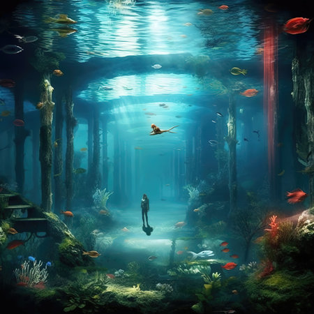 Underwater scene with diver and coral reef. Underwater world.の素材