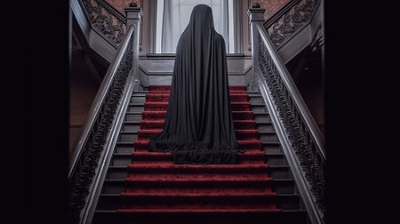 Halloween concept. Witch in black cloak with red carpet on the stairsの素材