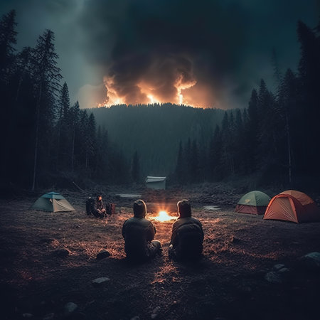 Camping in the Carpathian mountains. People sit on the ground near the bonfire and campfire.の素材
