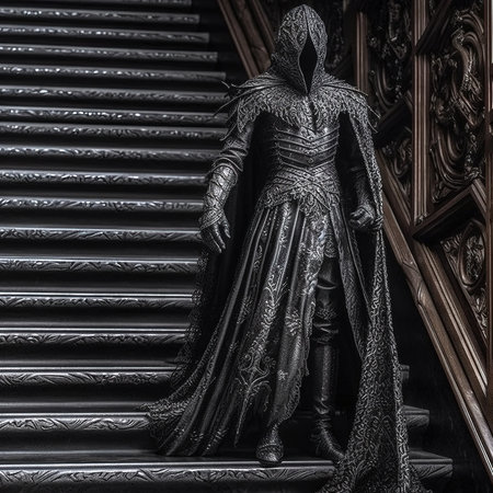 Mysterious old woman in a black medieval dress with a hood stands on the stairs.の素材