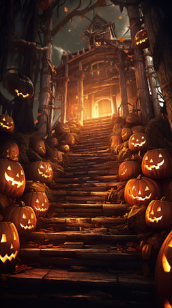 Halloween pumpkins in a witch's house. 3D renderingの素材