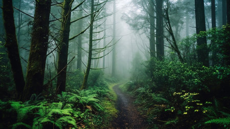 Foggy trail in the forest with trees and fernsの素材