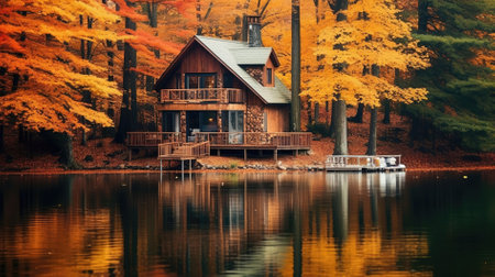 Wooden house on the lake in autumn forest. Wooden house on the lake.の素材