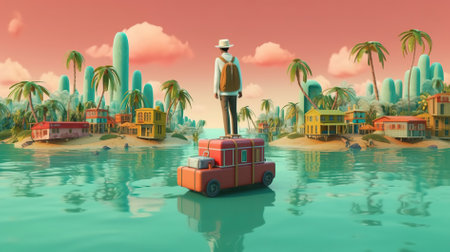 3d render of a man with a suitcase and a train on the beachの素材
