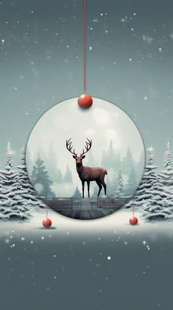 Merry Christmas and Happy New Year background with deer in glass sphereの素材