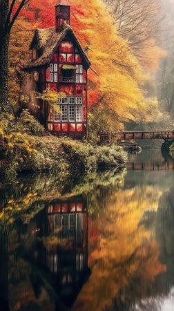 Wooden house on the lake in the autumn forest. Digital paintingの素材