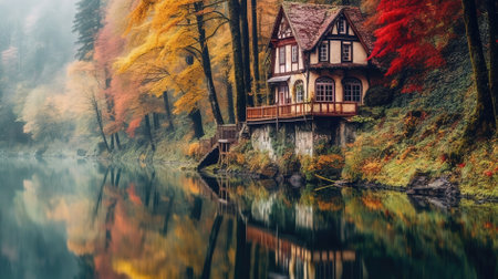 Wooden cottage on the bank of the lake in autumn forest.の素材