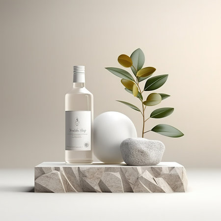 Mock up bottle of olive oil on a stone podium. 3d renderingの素材
