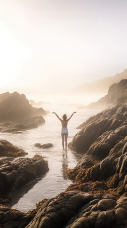 Young woman standing in the sea with arms outstretched on the rocksの素材
