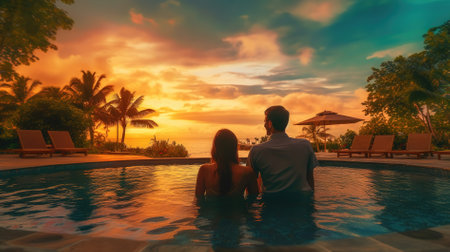Young couple relaxing in swimming pool at beautiful sunset time - Vintage filterの素材
