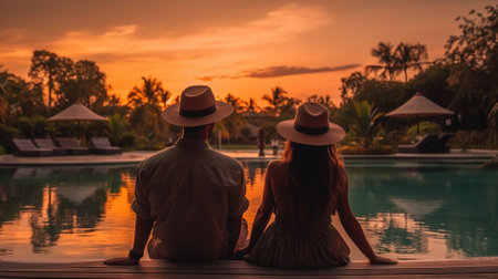 Silhouette of young couple sitting near swimming pool at sunset timeの素材