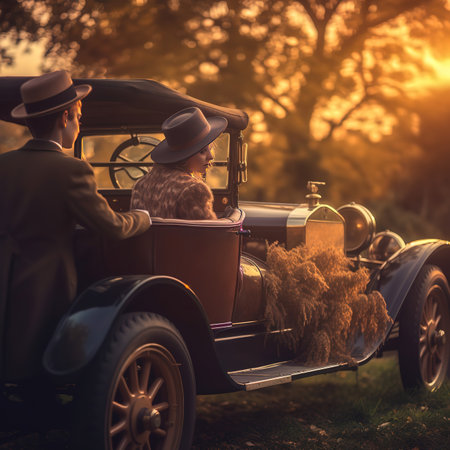 Romantic couple in retro car at sunset. Love, relationship and dating conceptの素材