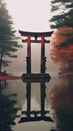 Red torii gate in japanese garden. Vintage tone.の素材