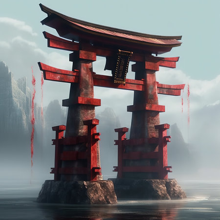 Fantasy Landscape with Japanese Shinto Shrine. 3D Renderの素材