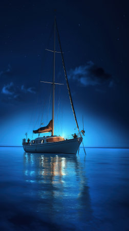 Sailing boat in the sea at night. 3D rendering.の素材