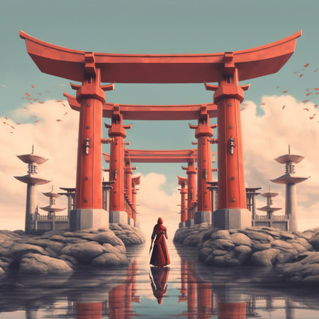 Woman in a red cloak and torii gate. 3d renderingの素材