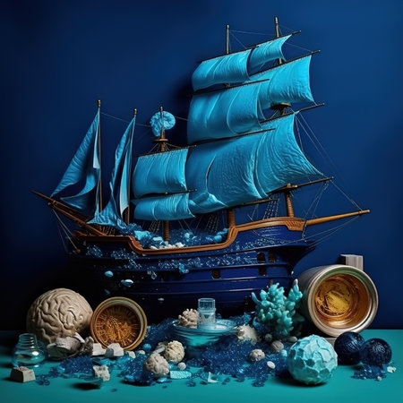 3D render of a vintage sailboat and sea salt on blue backgroundの素材
