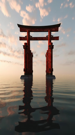 Torii in the sea with reflection in water, 3d renderの素材