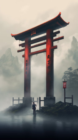 Foggy red torii gate in Japan. 3D renderingの素材