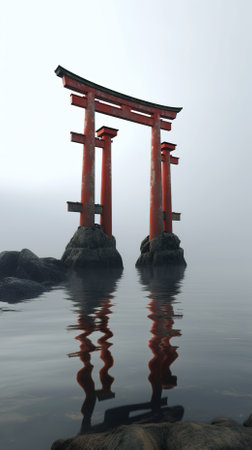 Torii gate in a foggy lake, closeup of photoの素材