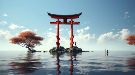 Torii and red tree in the sea. 3D illustration.の素材