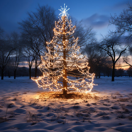 Christmas tree in the city park at night with lights. Winter landscape.の素材
