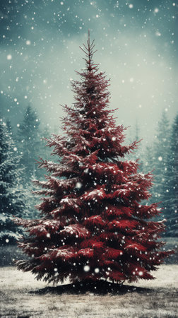 Christmas tree in the snowy forest. Vintage style toned picture.の素材