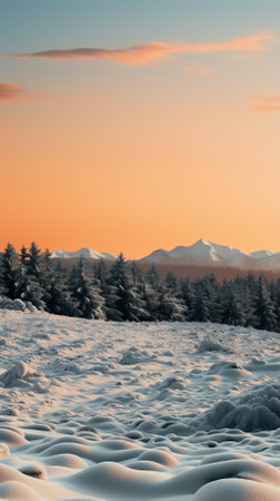 Beautiful winter landscape with snow covered fir trees and mountains at sunsetの素材