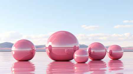 Pink balls floating in water with blue sky background. 3d renderの素材