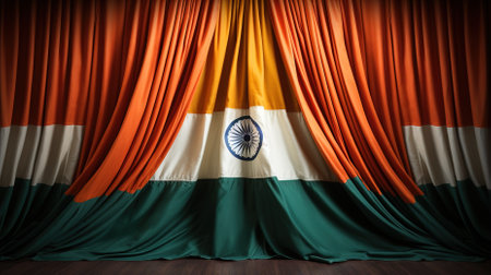 Dramatic Indian flag draped over a stage curtain, 3d renderの素材