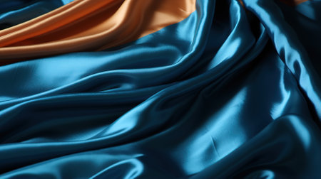 Closeup of rippled blue and orange satin fabric as backgroundの素材