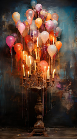 Colorful balloons in a candlestick on a dark background.の素材