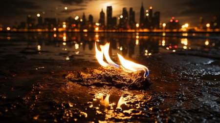 Candle light in the water with cityscape background at night.の素材