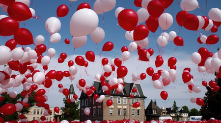 Red and white balloons in the form of a heart floating in the airの素材