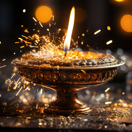 Burning diwali diya with sparklers on dark backgroundの素材