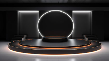 Black and white round podium with glowing lights. 3D rendering.の素材