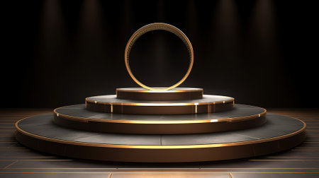 Black podium with golden circle on dark background. 3D rendering.の素材