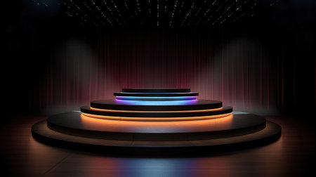 Stage podium with lighting, Stage Podium Scene with for Award Ceremony on black Background, 3d renderの素材