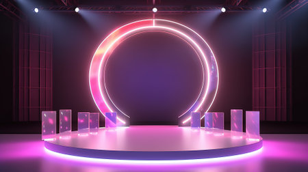 Podium, illuminated with neon light, mock up, 3D renderingの素材