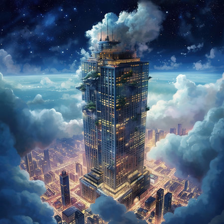 Skyscrapers in the clouds against the night sky. 3d renderingの素材