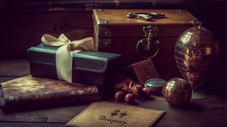 Vintage still life with old books and antique items on a wooden tableの素材