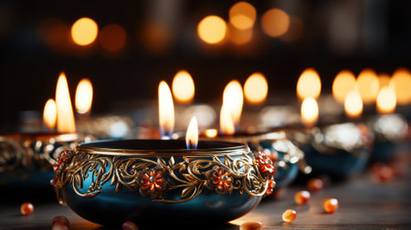 Beautiful burning candles in bowls on table in darkness, closeupの素材